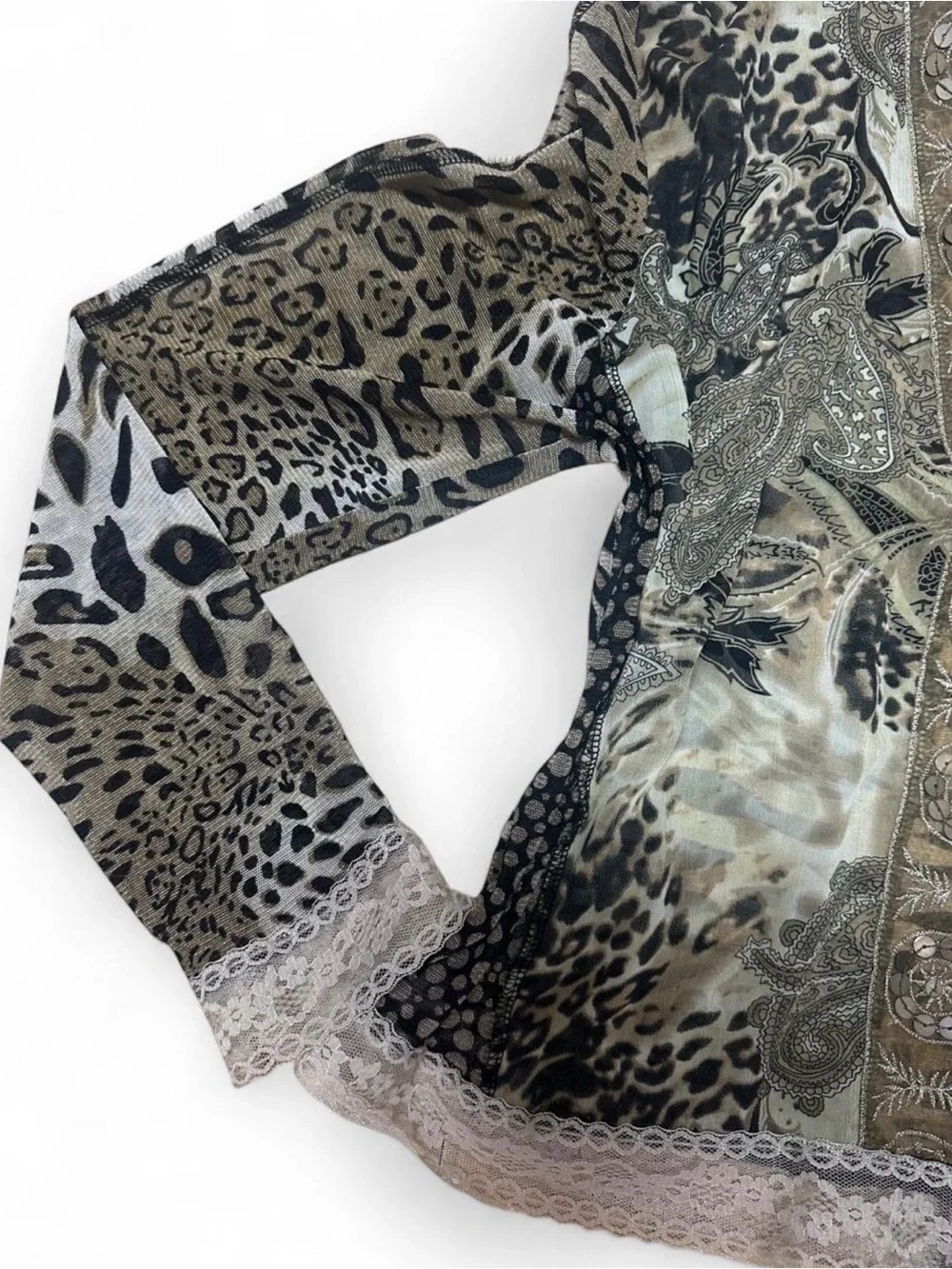Whimsigoth Leopard Patchwork Zip Hoodie Lace Trim Boho Fairy Grunge Y2K Jacket